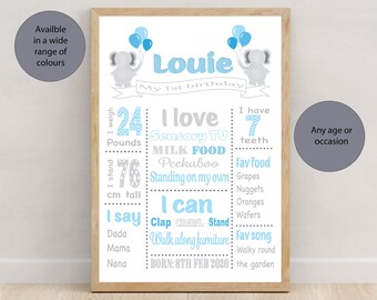 First Birthday Print, Elephant and Balloons, First Birthday Party, Keepsake, Kids Party, 1st Birthday Party Decor, Bunting, Party Prop