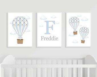 Heißluftballon Elefanten Kinderzimmer Drucke 3er Set Blau Personalisierte Baby Jungen Name