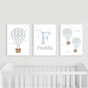 Hot Air Balloon Elephant Nursery Prints Set of 3 Blue Personalised Baby Boy Name