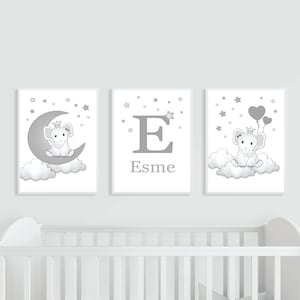 Elephant Nursery Prints Set of 3 Grey Monochrome Personalised Baby Boy Girl Moon Star Name, Gender Neutral Wall Art