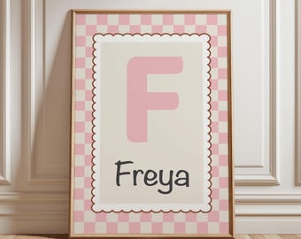 Personalised Girls Nursery PrintFeaturing Name and Initial Poster with a Checkerboard Design, Gift , Digital Download