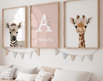 Safari Animal Nursery Prints, Pink Floral, Personalized Name, Set of 3
