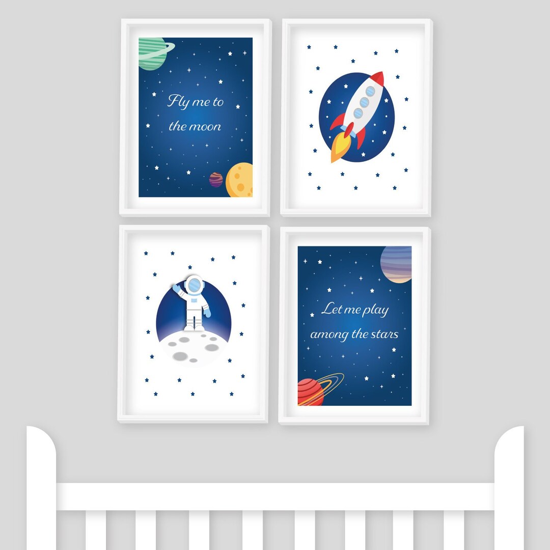 Nursery Prints, Set of 4 Space Prints, Astronaut, Moon, Galaxy, Stars ...