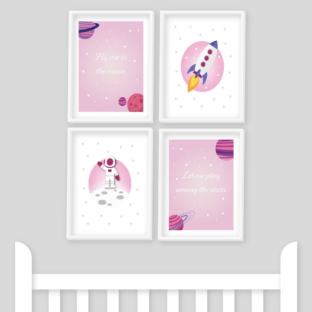 Space Nursery Prints, Pink Blue Rocket Astronaut, Set of 4 - Etsy