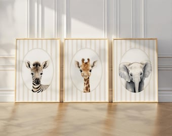 Safari Nursery Wall Art Prints For Jungle Themed Decor, Beige Striped Kids Posters with Digital Download Option