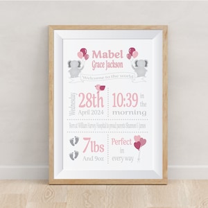 Baby Geschenk Personalisiertes Poster Baby Boy Baby Girl | Rosa Namensdruck | Blau Name Print | Geburtsdetails drucken | Taufgeschenk zur Taufe