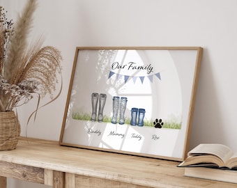 Personalized Family Wellies Print, Custom Boot Portrait, Pet Paw Print (Digital Download)