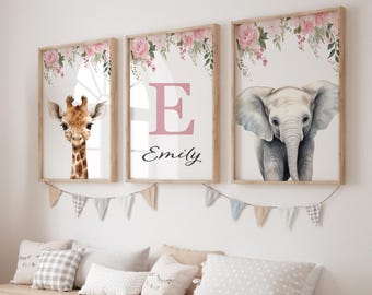 Personalized Safari Nursery Prints, Watercolor Animal Wall Art