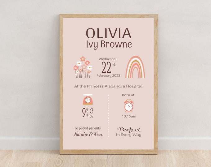 New Baby Girl Gift | New Baby Birth Announcement Print Girl | Birth Detail | Personalised | Nursery Print | Wildflower | Dusky Pink Keepsake