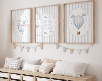 3er-Set Jungen-Drucke, Heißluftballon-Kinderzimmer-Wandbilder, Heißluftballon-Kinderzimmer-Wandkunst, Blaudruck, Jungen-Schlafzimmer-Spielzimmer, Vintage-Streifen