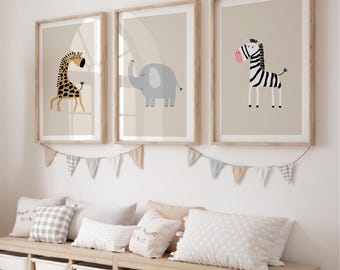 Safari Nursery Prints Neutral | Giraffe, Elephant, Zebra, Lion