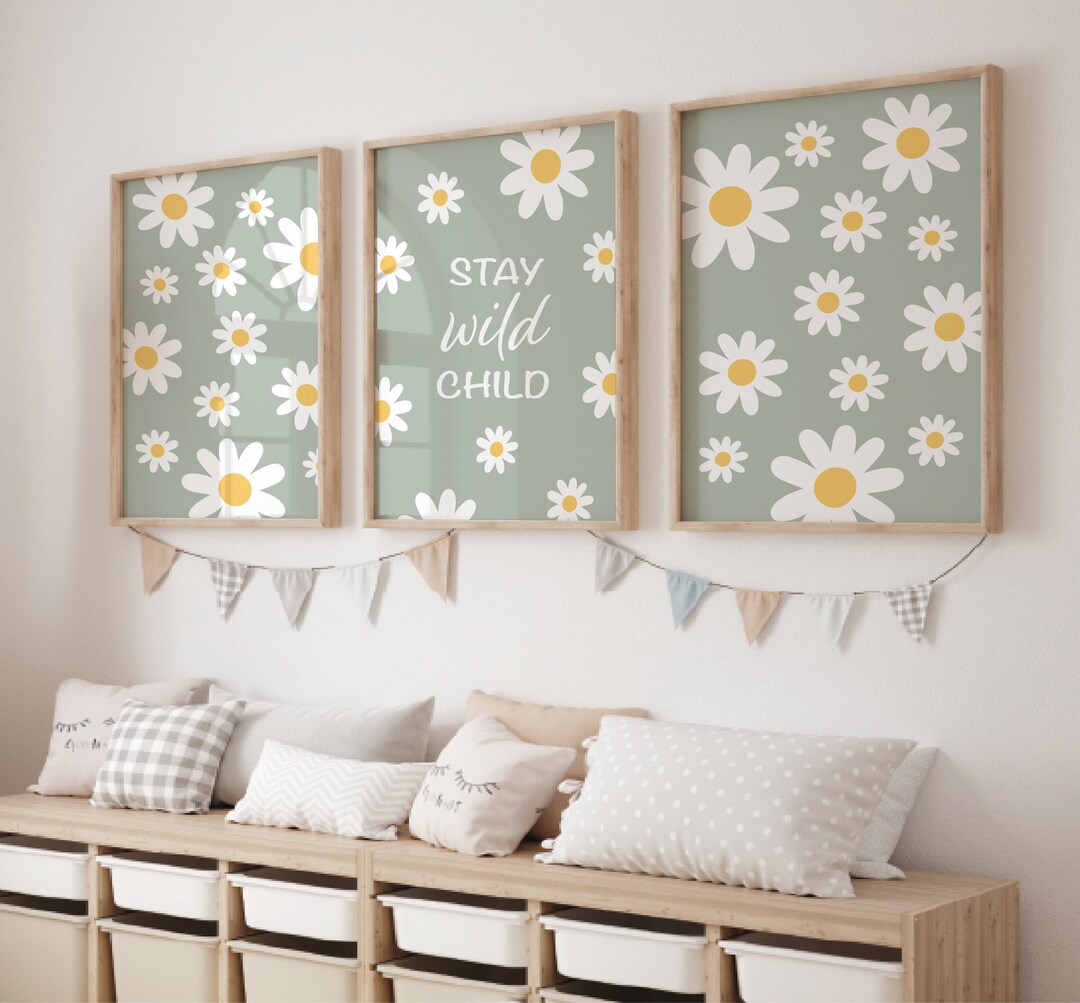 Daisy Nursery Prints, Sage Green Floral Wall Art, Set of 3 - Etsy