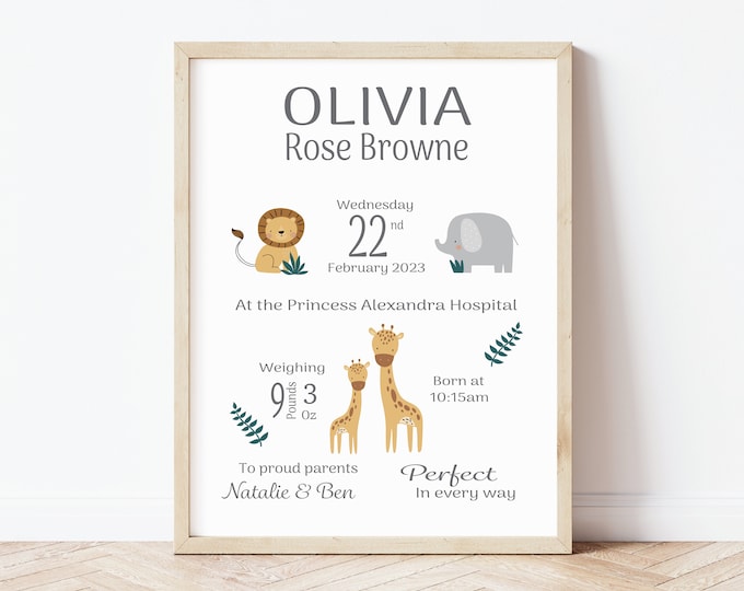 New Baby Gift | New Baby Birth Announcement Print | Birth Detail | Personalised Safari Animals Nursery Decor | Newborn Print | Newborn Gift