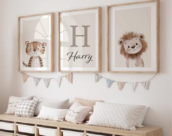 Personalised Safari Nursery Prints, Set of 3, Jungle Animal Decor, Digital Download Option