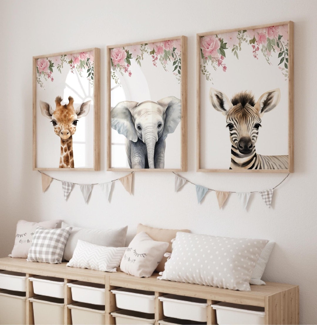 Safari Animal Nursery Prints, Pink Floral Decor, Set of 3 - Etsy
