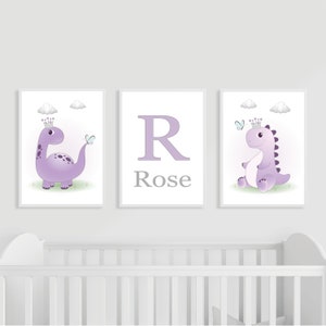 Dinosaur Nursery Prints Set of 3 Purple Personalised Name Baby Girl Butterfly, Dino Decor, Dinosaur Bedroom, Girls Bedroom