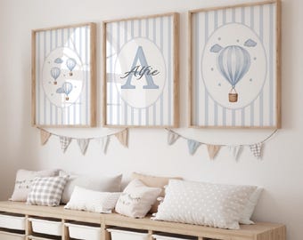 3er-Set Jungen-Drucke, Heißluftballon-Kinderzimmer-Wandbilder, Heißluftballon-Kinderzimmer-Wandkunst, Blaudruck, Jungen-Schlafzimmer-Spielzimmer, Vintage-Streifen