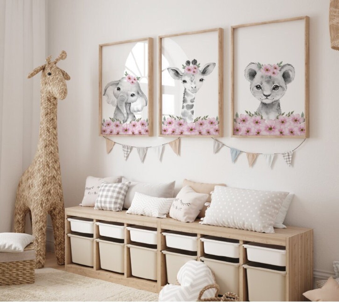 Pink Floral Safari Animal Prints | Girls Nursery Set of 3 - Etsy