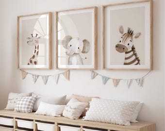 Set of 3 Safari Nursery Prints, Watercolor Animals, Gender Neutral Wall Art