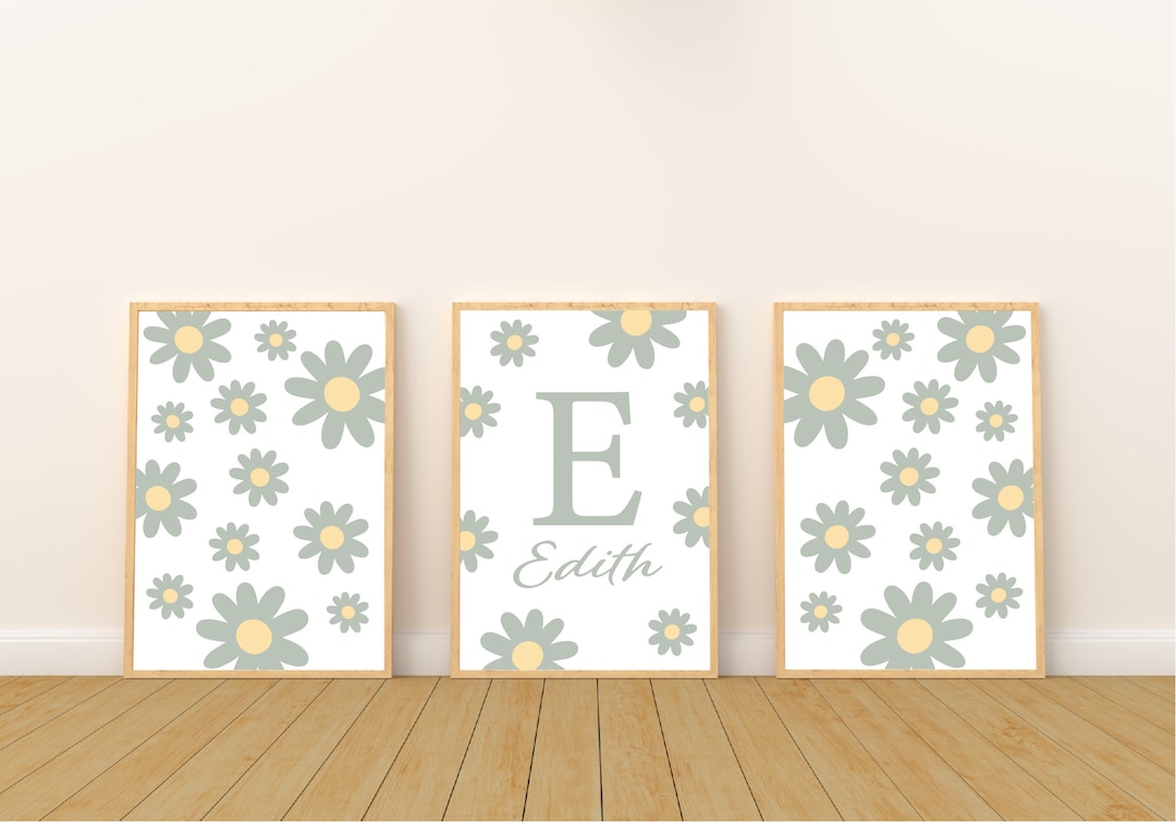 Daisy Nursery Print Set | Personalized Initial, Sage Green Floral Art ...