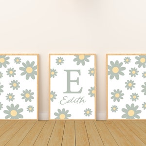 Daisy Nursery Print Set of 3 | Personalised Name & Initial | Little Wildflower | Nursery Decor Girl | Baby Gift | Floral Wall Art Sage Green
