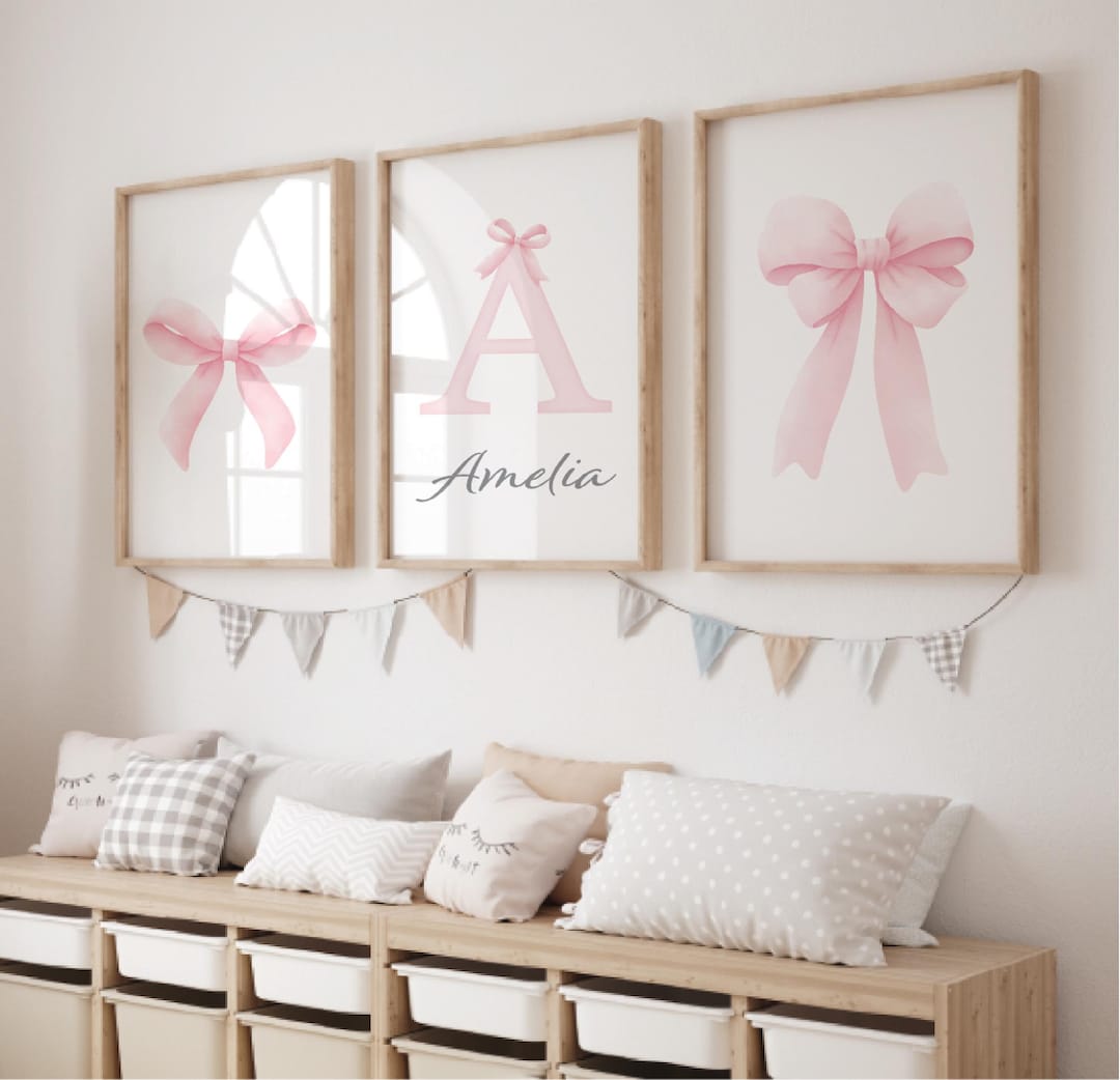 Set of 3 Bow Nursery Prints, Personalized Name, Pink Wall Art - Etsy ...
