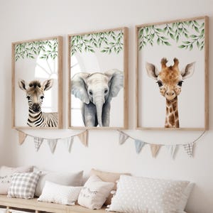 Safari Prints for Nursery Set of 3 Botanical Background, Jungle Animal Theme Nursery Decor, Gender Neutral Kids Wall Art, Boys Girls Posters
