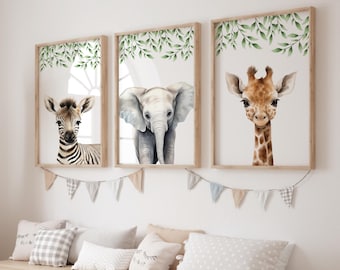 Safari Prints for Nursery Set of 3 Botanical Background, Jungle Animal Theme Nursery Decor, Gender Neutral Kids Wall Art, Boys Girls Posters
