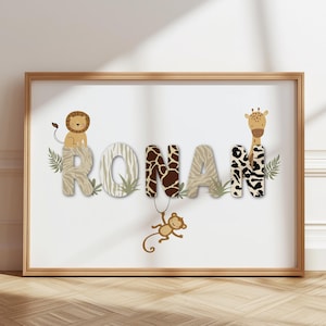 Impressão de nome de safári, impressões personalizadas de safári, impressão de animal, impressão de berçário, quarto infantil, estilo selva, estilo boho, presente para bebê novo, menino e menina