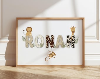 Safari Name Print, Personalised Safari Prints, Animal Print, Nursery Print, Kids Bedroom, Jungle Style, Boho Style, New Baby Gift, Boy Girl