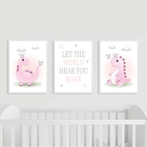 Set of 3 Dinosaur Nursery Prints, Nursery Wall Art, Dinosaur Girls Decor, Kids Bedroom, Dinosaur Art, Baby Shower Gift, New Baby, Pink