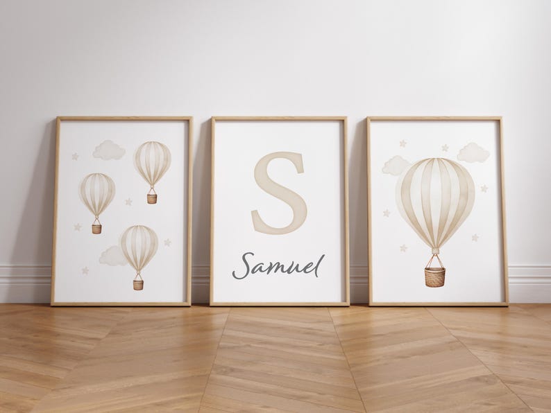 Set of 3 Hot Air Balloon Nursery Prints, Baby Blue Wall Art (digital ...