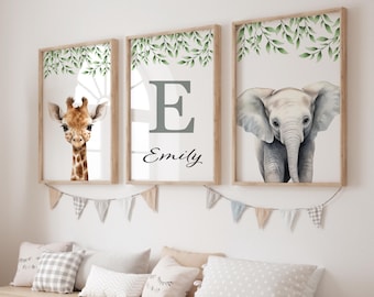 Safari Animal Nursery Prints, Botanical Decor, Personalized Name Print