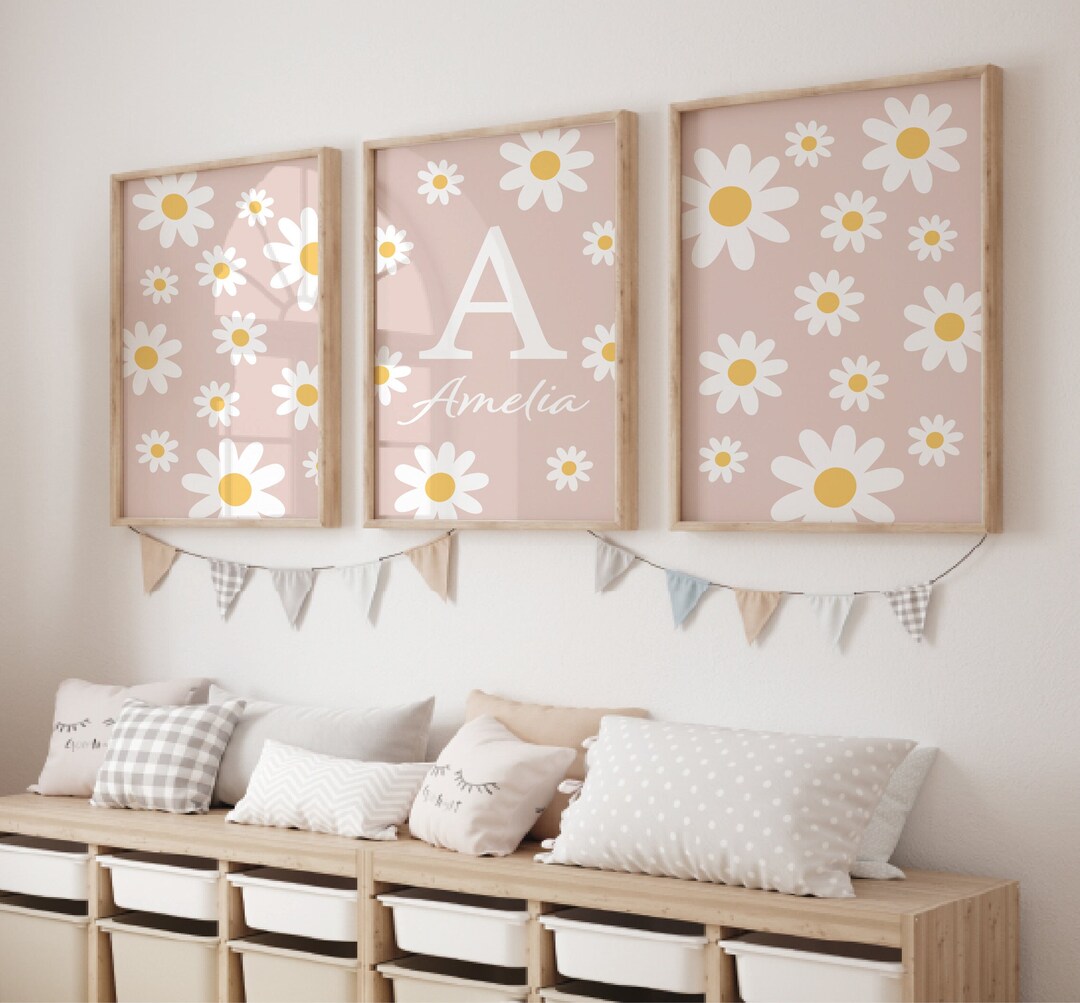 Daisy Initial Nursery Print Set | Pink Floral Wall Art - Etsy