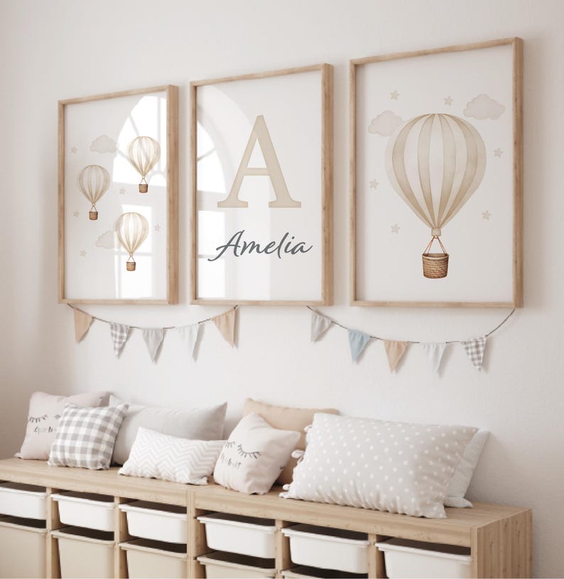 Set of 3 Hot Air Balloon Nursery Prints, Baby Blue Wall Art (digital ...