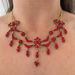 1980s Gold Plated Red Diamanté Gold Plated Statement Chain Necklace