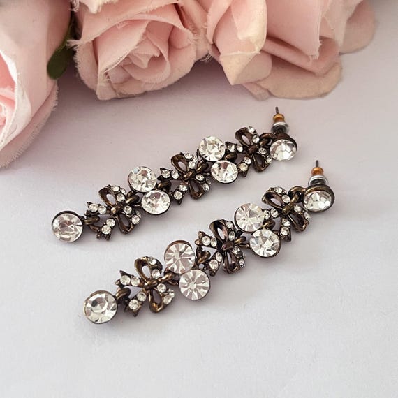 Boucles D'oreilles Vintage Argenté Strass Pendantes 2 Rangs - Occasion, Sans Marque, Clips