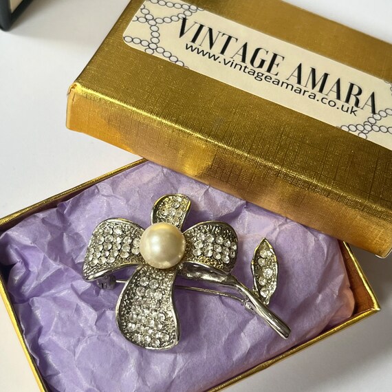 1980s Beautiful Silver Plated Faux Pearl And Diam… - image 2