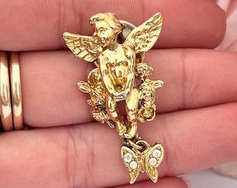 Kirks Folly Gold Plated Cherub Angel Aurora Borealis Push Pin Badge Brooch