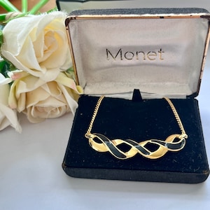 Monet 1980s Gold Plated Black Enamel Chain Pendant Necklace With Original Box