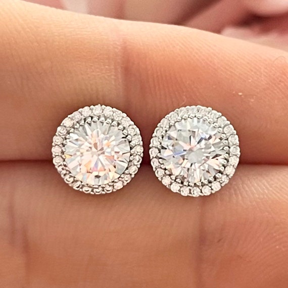 Halo Brilliant Cut Cubic Zirconia Sterling Silver Stud Earrings - Etsy