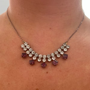 1950s Sparkly Silver And Purple Diamanté Bling Necklace