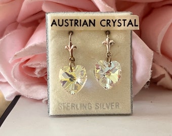 Pendientes colgantes de plata de ley vintage con corazón de amor y cristal austriaco