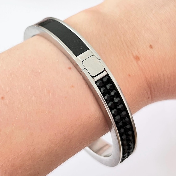 Rare Swarovski Silver Black Crystal Leather Intervalle Bangle