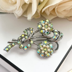 1950s Mermaid Blue Green Aurora Borealis Cream Enamel Flower Floral Brooch