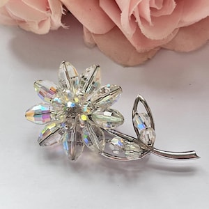 1950s Aurora Borealis Silver Tone Flower Brooch