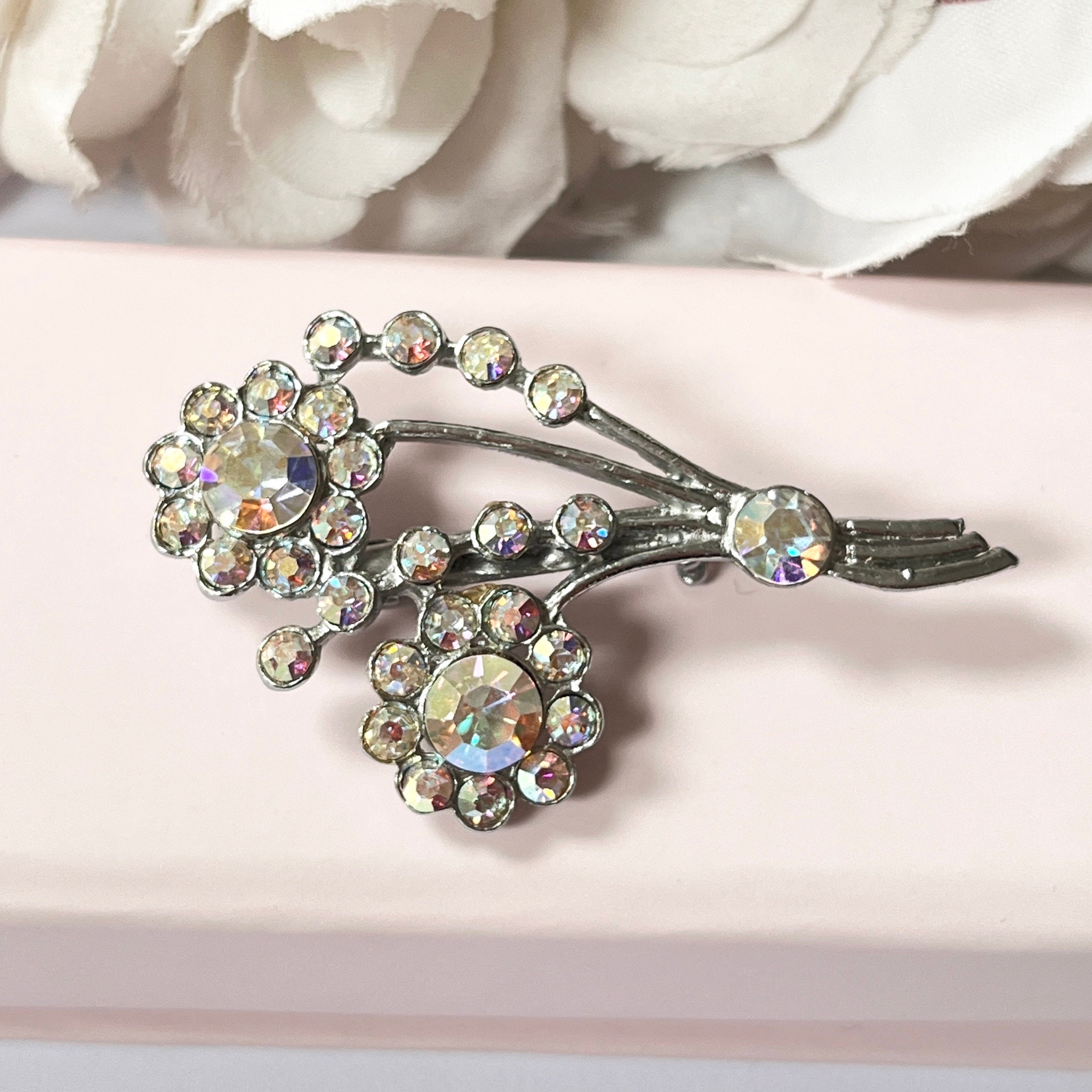 1950s Pink Aurora Borealis Silver Tone Flower Brooch - Etsy