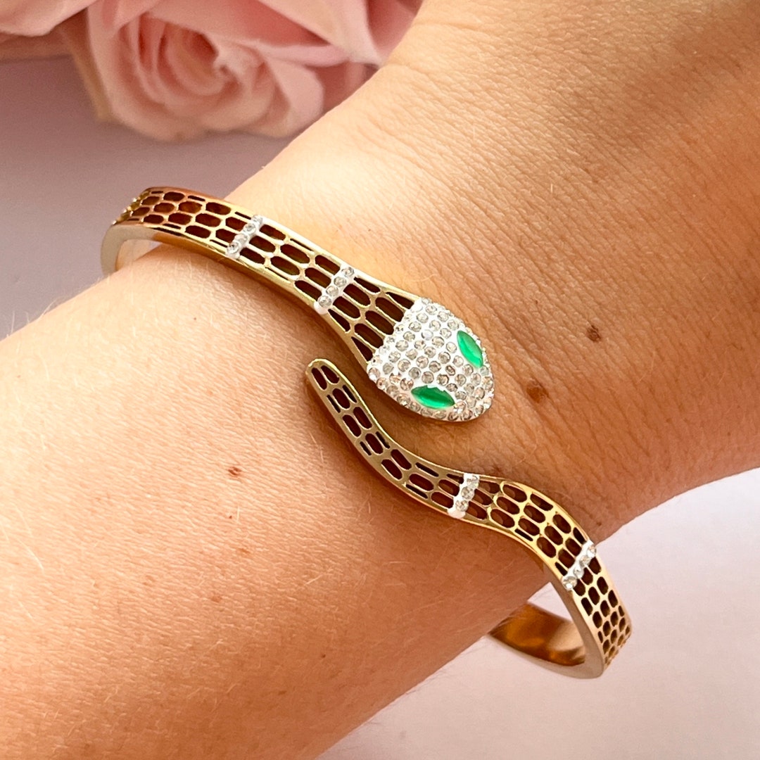 Vintage 14k Gold Plated Green Diamanté Snake Snap Opening Bracelet
