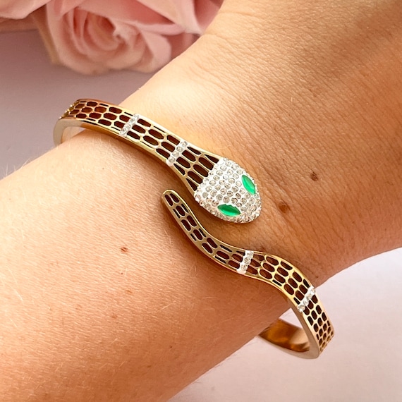 Vintage 14k Gold Plated Green Diamanté Snake Snap Opening Bracelet