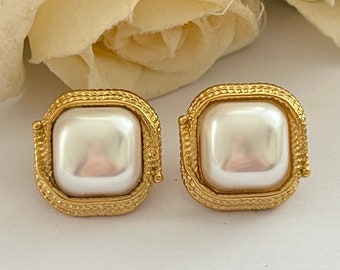 Vintage 14k Gold Plated Faux Pearl Square Statement Pierced Earrings